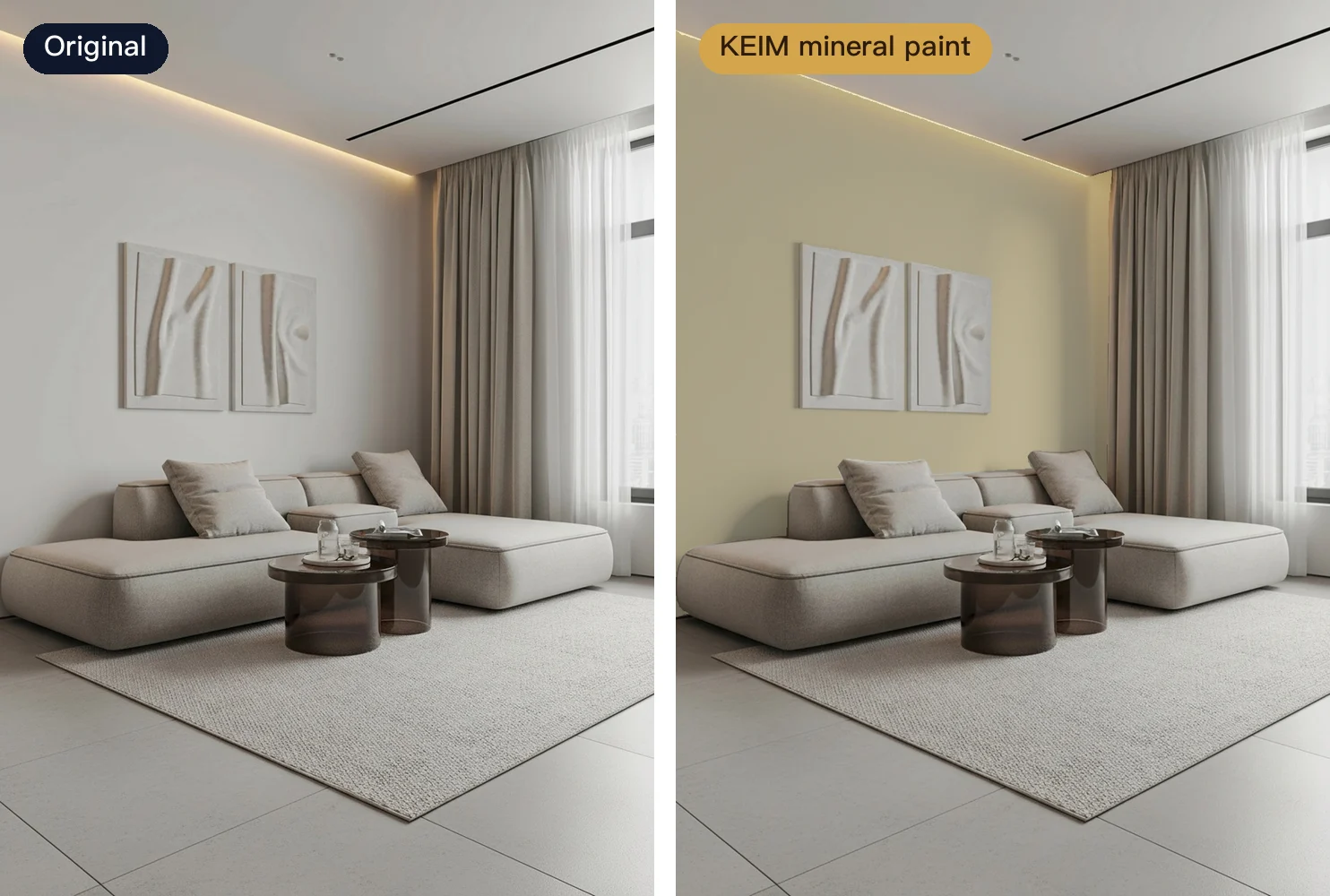 A living room: the customer's original photo on the left, KEIM mineral paint in a yellow-green matte on the right