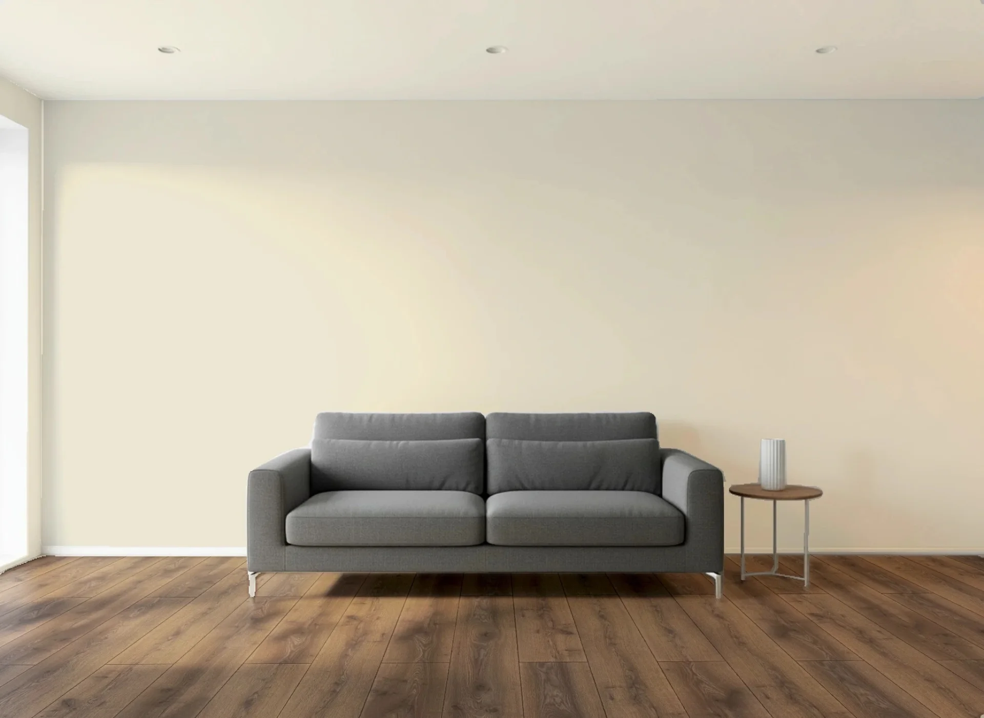 A living room with dark wood flooring and a warm off-white wall, rendered on a room photo