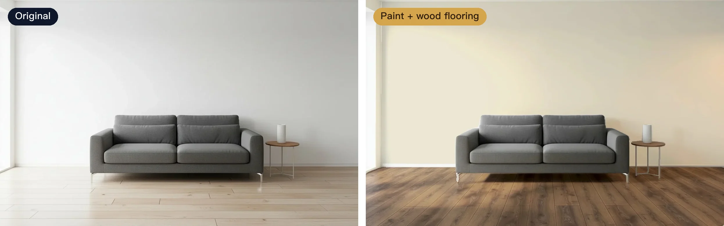 The same living room: the original on the left, new wall paint and wood flooring on the right