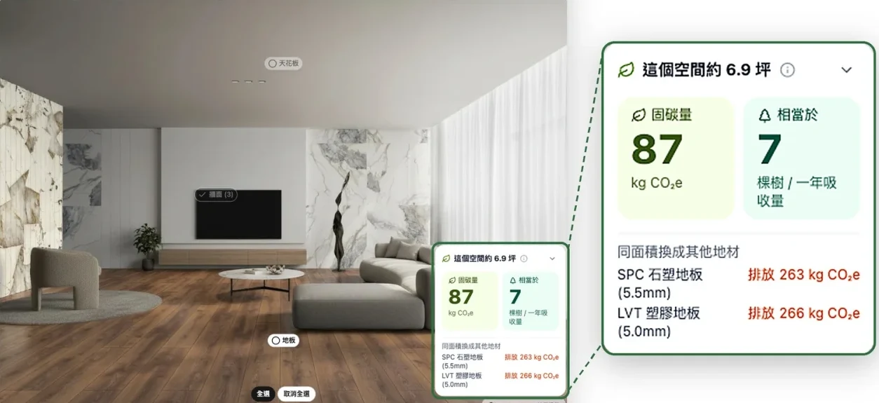 RoomDreaming 選材畫面:客廳換上太格德國木地板,旁邊顯示這個空間的坪數與固碳量