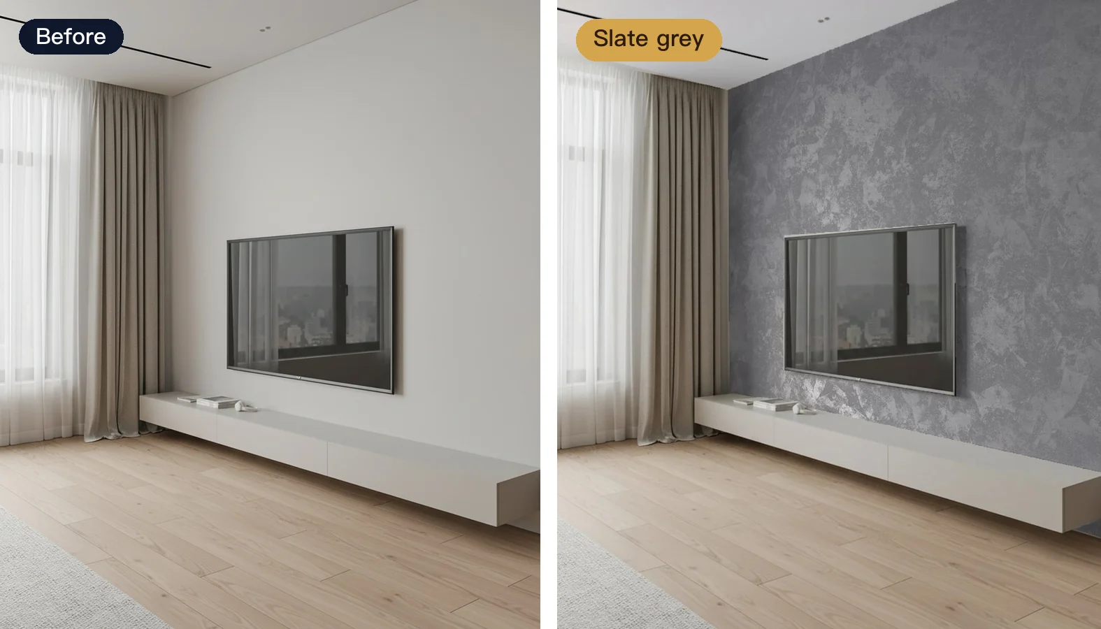 The same living room before and after: on the left a plain white wall, on the right the TV accent wall in a slate-grey pearlescent art paint from an AI style pairing