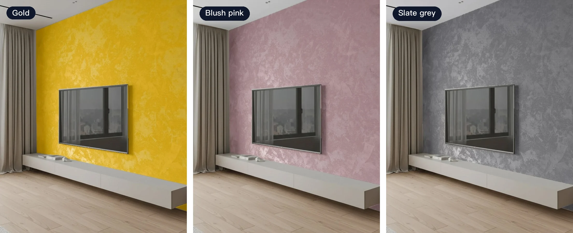 The same living room with three different AI style pairings: gold, blush pink and slate-grey pearlescent art paint on the accent wall