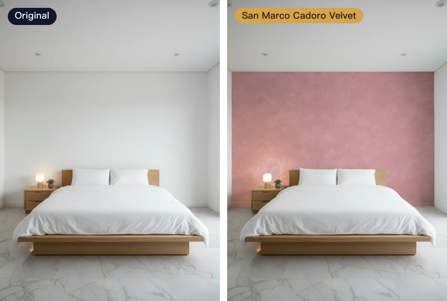 A bedroom headboard wall: the original on the left, San Marco Cadoro Velvet in rose pink on the right