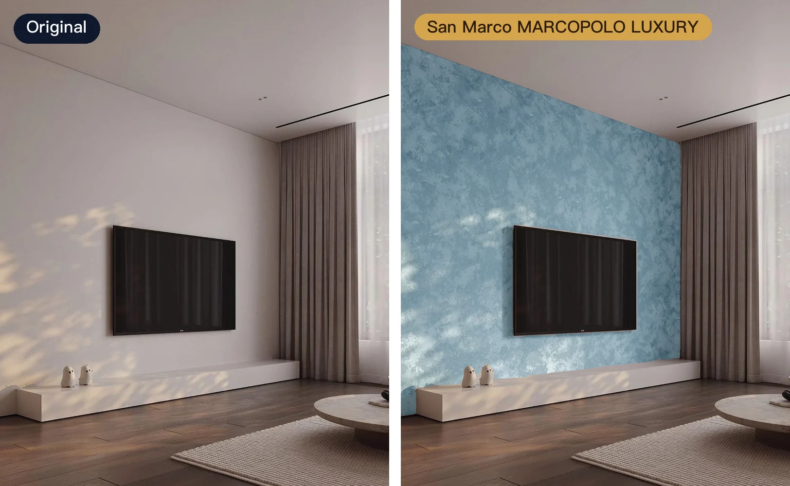 A living-room TV wall: the original on the left, San Marco MARCOPOLO LUXURY sand-textured metallic paint in blue on the right