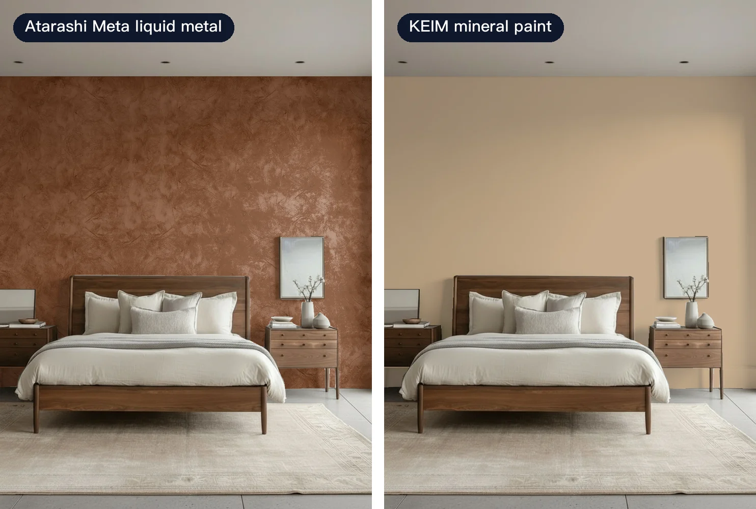 The same bedroom headboard wall: Atarashi Meta liquid metal in copper on the left, KEIM mineral paint in a matte warm apricot on the right