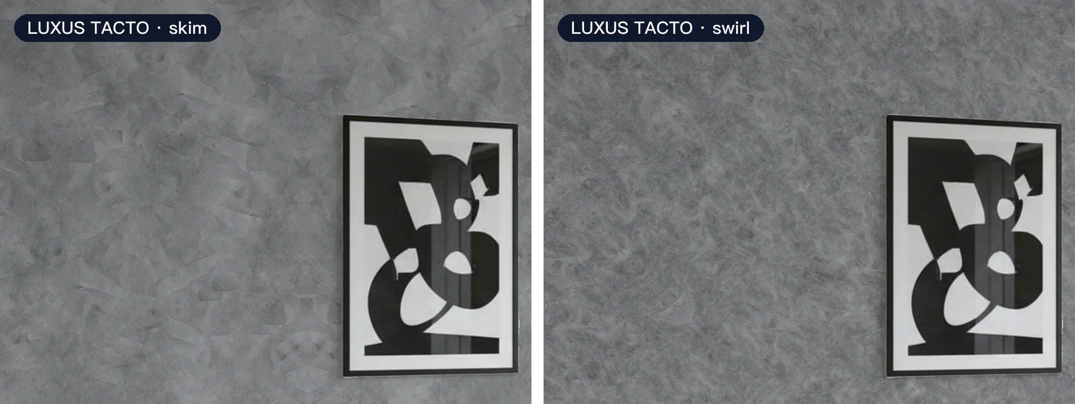 Close-up of the same dining-room wall in LUXUS PAINT TACTO, gray Y-102: the skim technique on the left, the swirl technique on the right