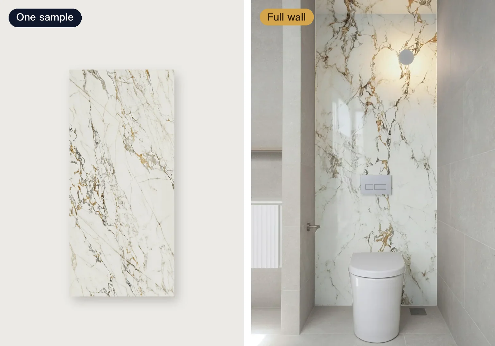 A single marble-look tile sample on the left, and the same tile covering a bathroom wall behind the toilet on the right
