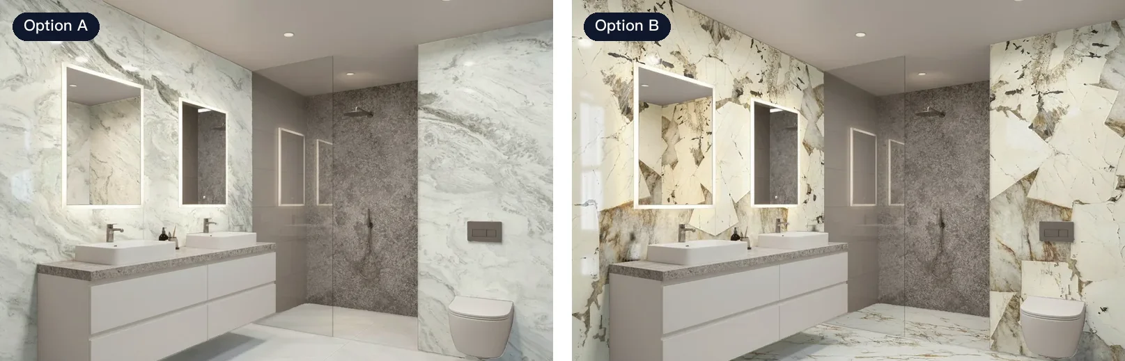 The same bathroom with two different wall and floor tile combinations, side by side