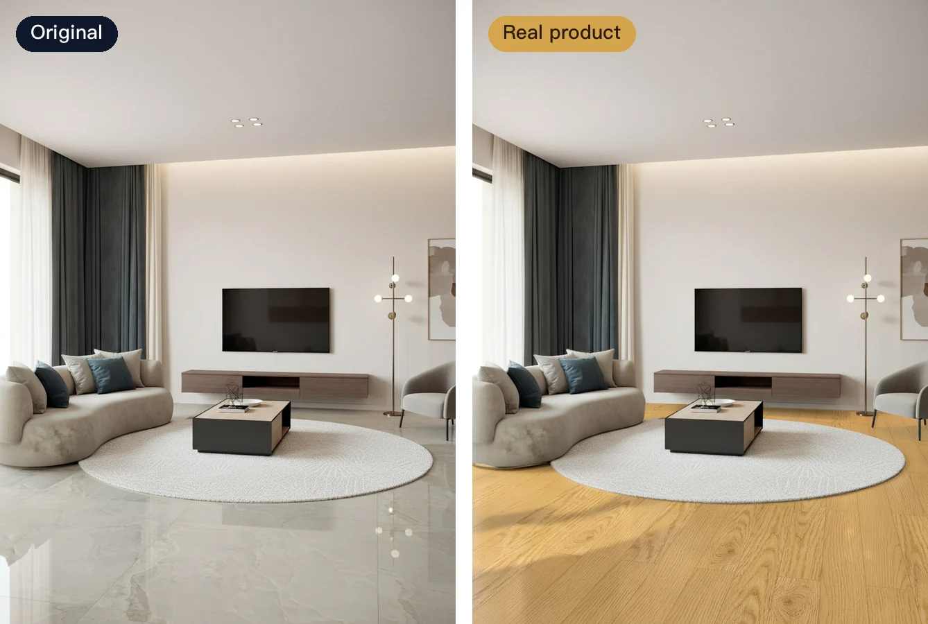The same living room: the original on the left, a real Crown Tai engineered wood floor applied on the right