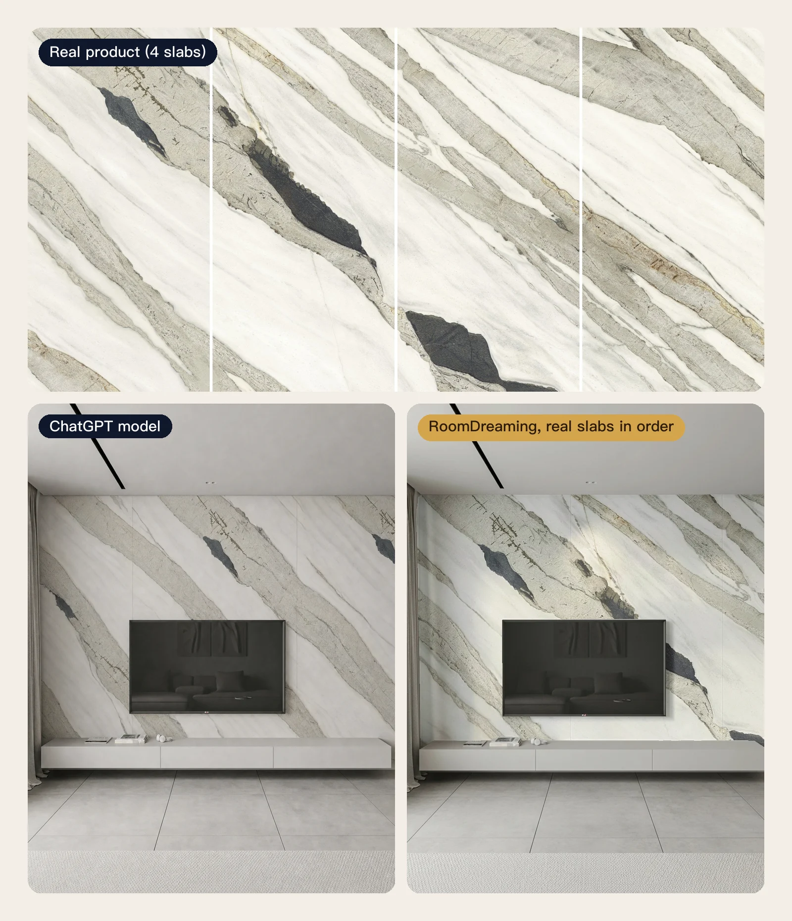 Top: the four real slabs of a 150×300 cm product as shipped. Bottom left: the TV wall drawn by the ChatGPT image model, whose veining does not match. Bottom right: RoomDreaming laying the four real slabs in order