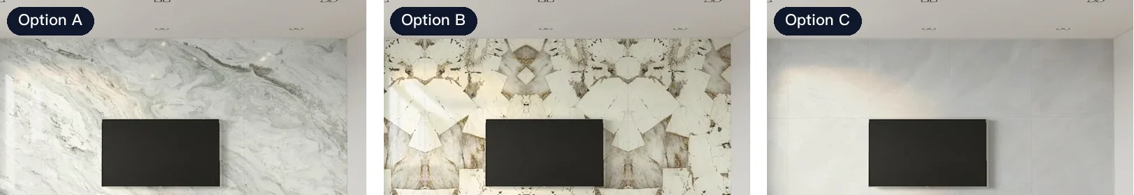The same living-room TV wall in three different large-format tiles, side by side for the client to compare