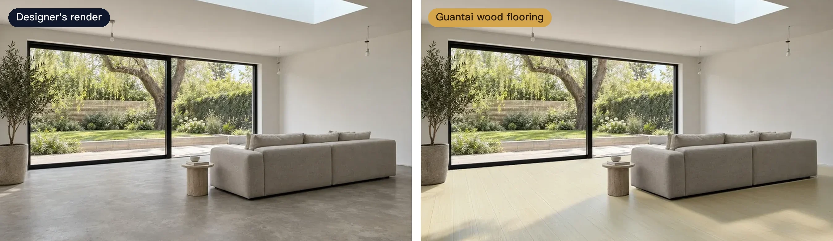 A designer's living-room render, before and after: gray polished concrete on the left, a light wood floor from Crown Tai's catalog on the right, with the light following the skylight and glass doors