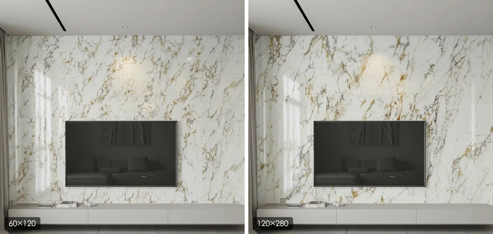 同一面電視牆、同一款白底金紋大理石紋磚：左為 60×120，右為 120×280 大板，右邊縫少、石紋更完整