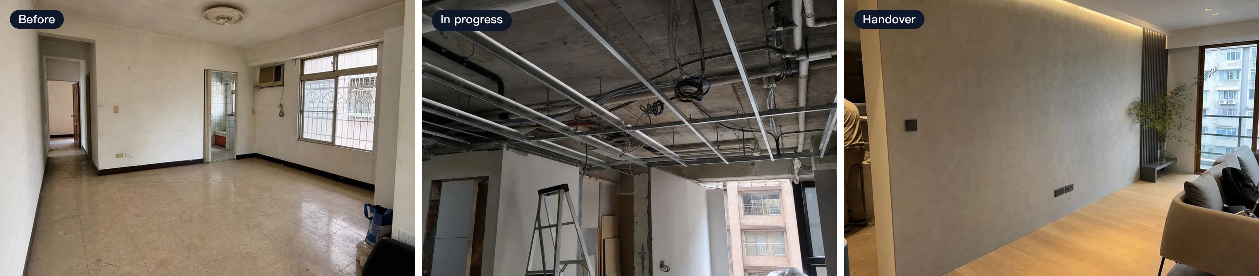 Three stages of the same renovation: the existing condition before work, exposed ceiling pipes during construction, and the finished living-room feature wall at handover