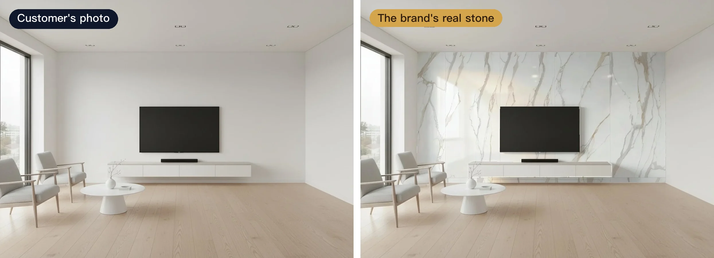 The same living-room TV wall before and after: the customer's original photo on the left, the brand's marble-look stone feature wall on the right