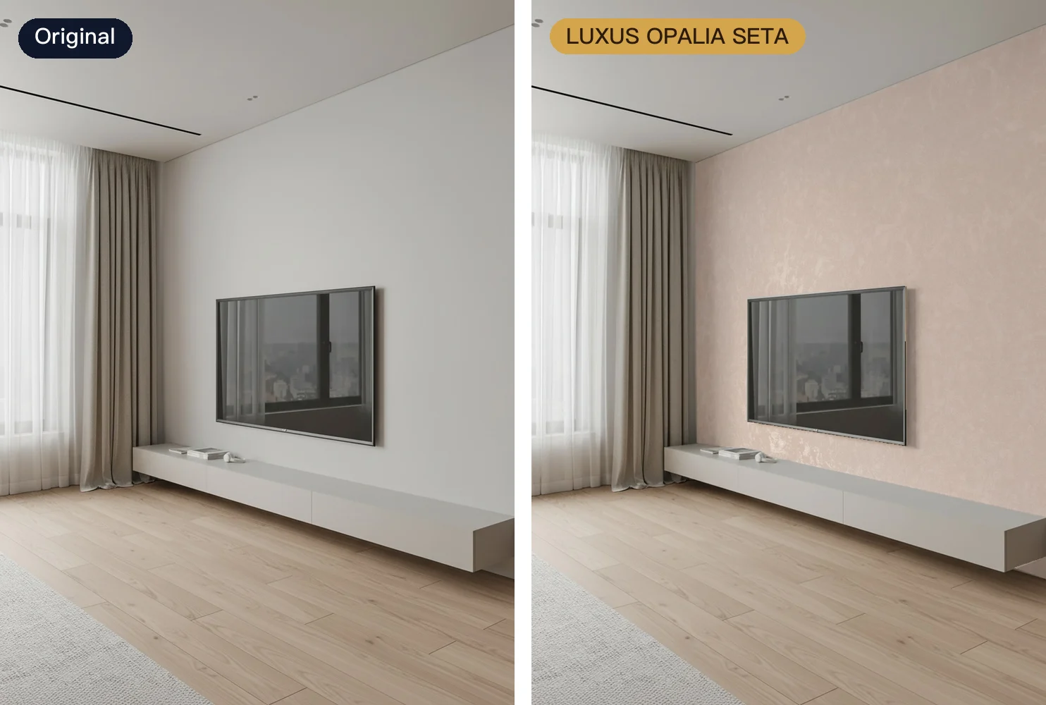 A living-room TV wall: the original on the left, LUXUS PAINT OPALIA SETA in pink with a pearl finish on the right