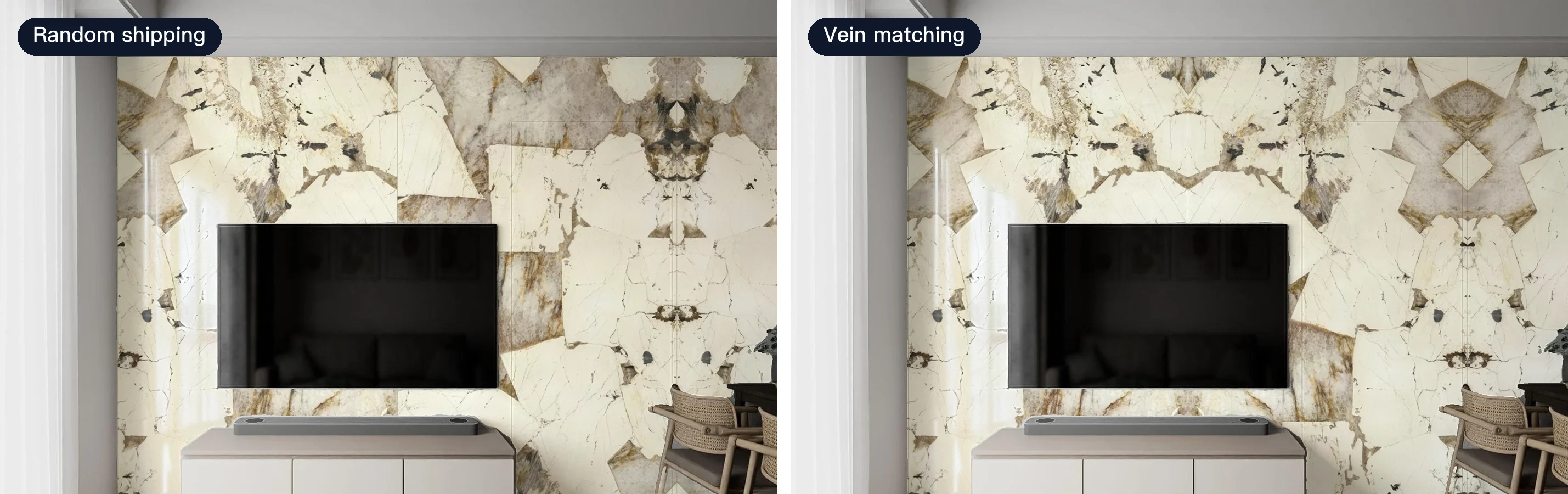 Same TV wall, same 150×300 cm slab: random shipping on the left with offset veining, vein matching on the right forming a symmetrical pattern