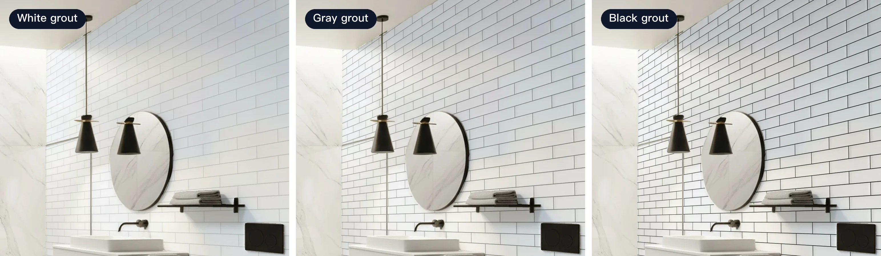 Same bathroom wall, same white 7.5×30 cm wall tile with white, gray and black grout