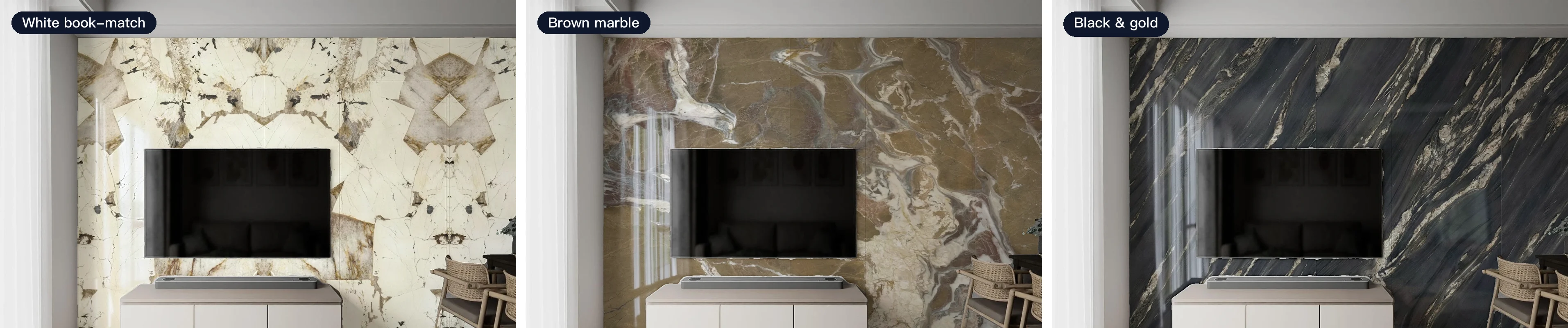 Three 150×300 cm slabs laid with vein matching on the same TV wall: white book-match, brown marble, black and gold