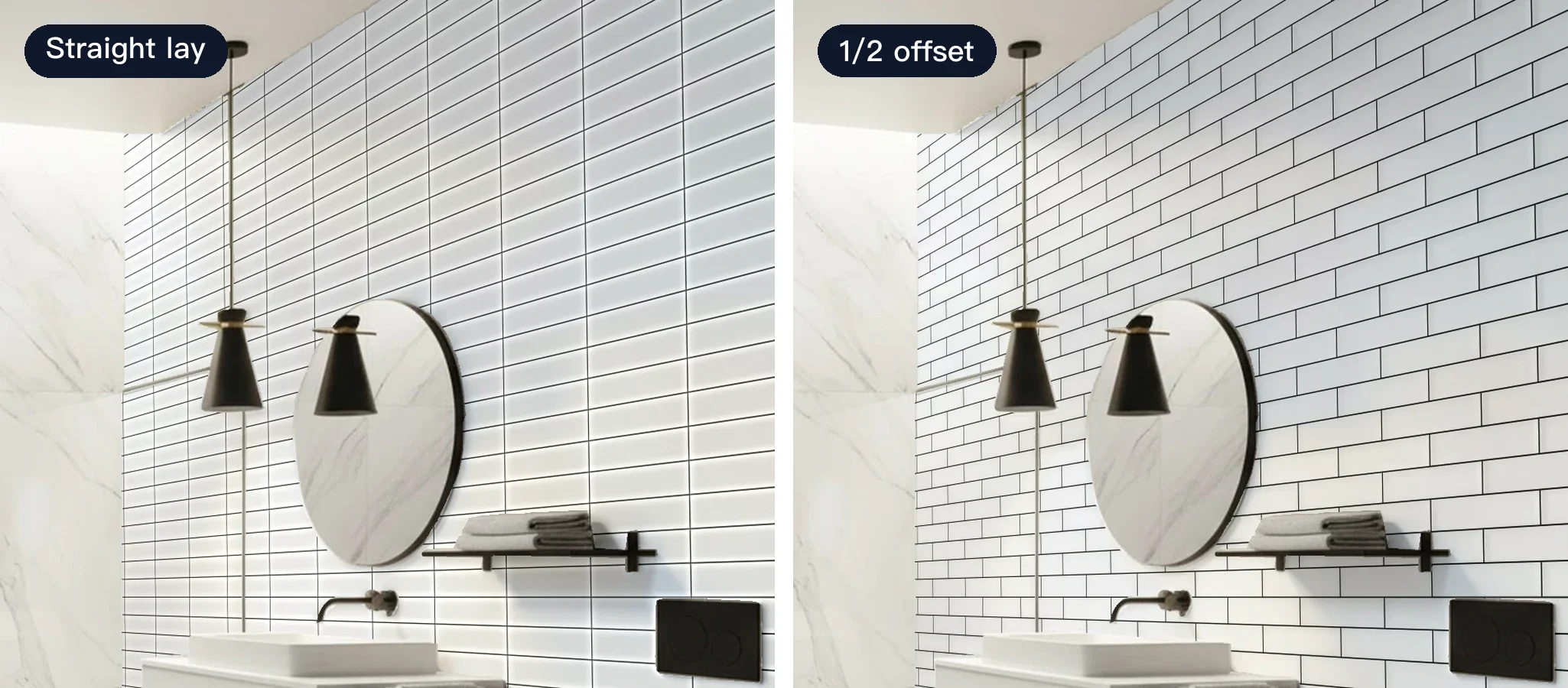Same bathroom wall, same white tile with black grout: straight lay on the left, 1/2 offset on the right