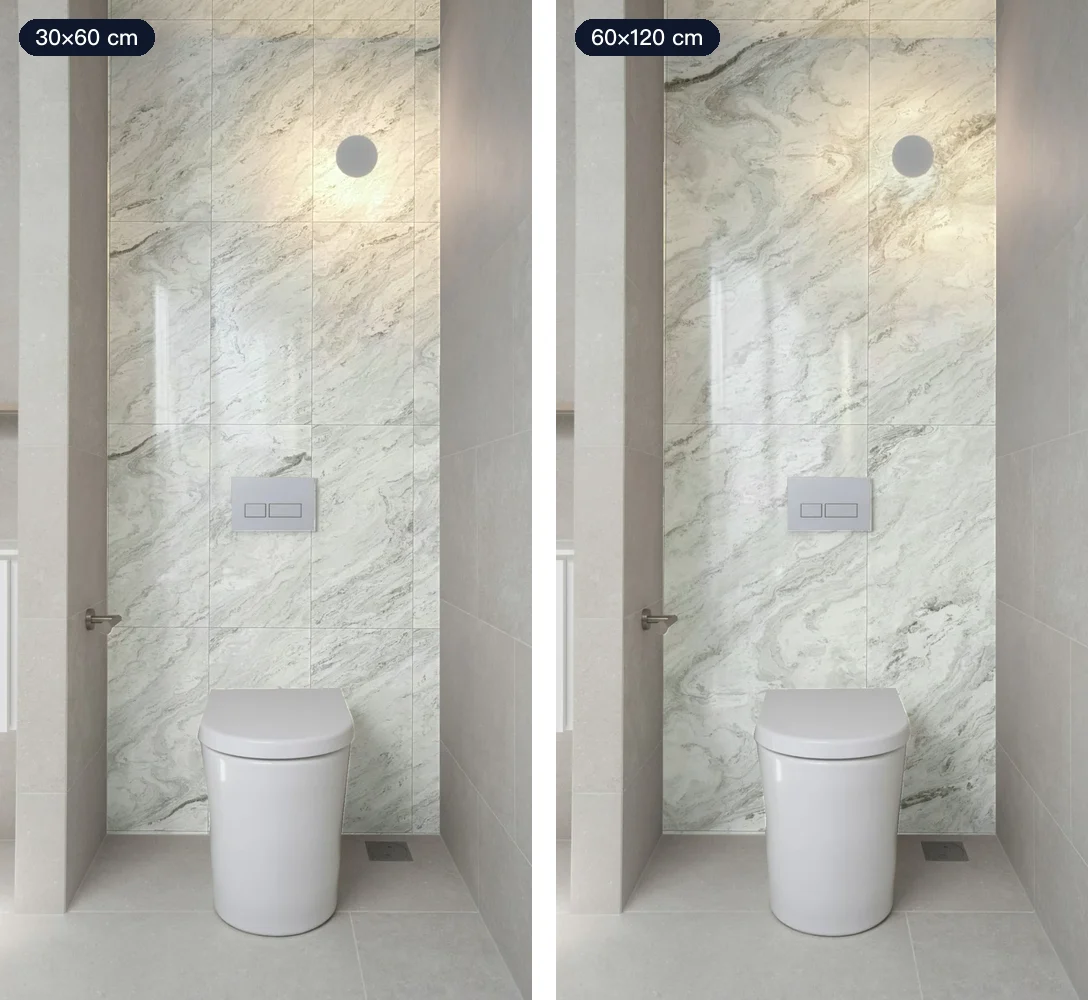 Same bathroom wall, same marble-look tile: 30×60 cm on the left, 60×120 cm on the right