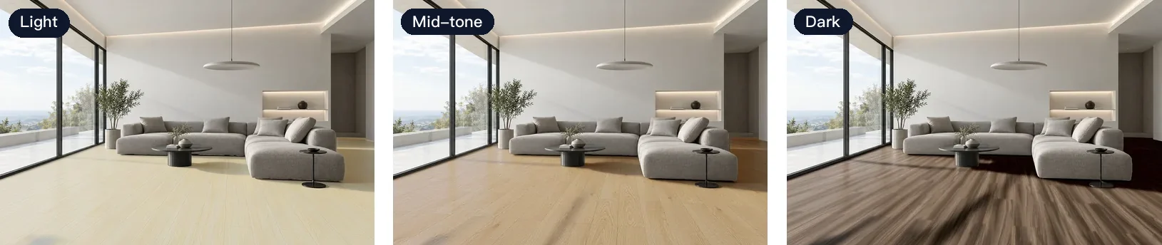 The same living room with three Crown Tai wood floors: a light oak, a mid-tone and a dark walnut