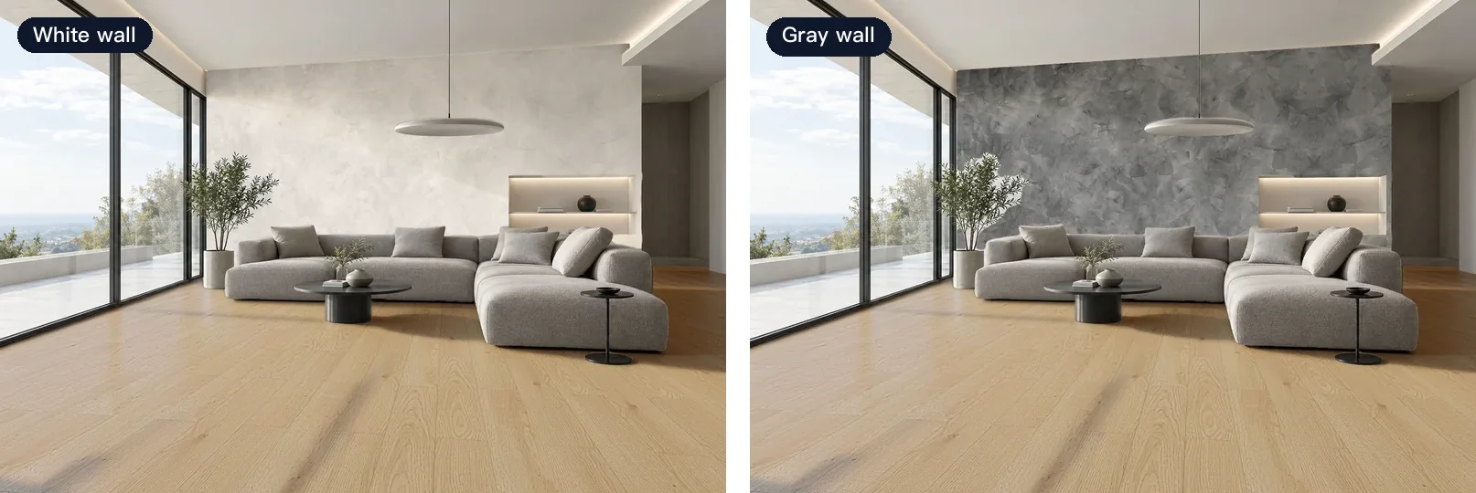 The same living room and wood floor, with a white wall on the left and a gray decorative-paint wall on the right