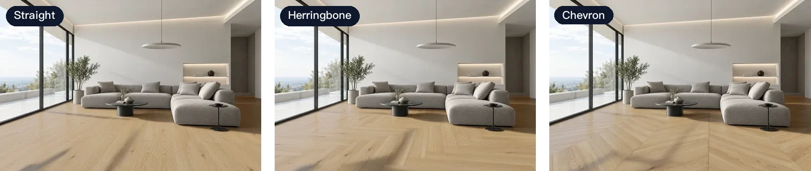 The same living room and the same Crown Tai wood floor laid straight, in herringbone and in chevron