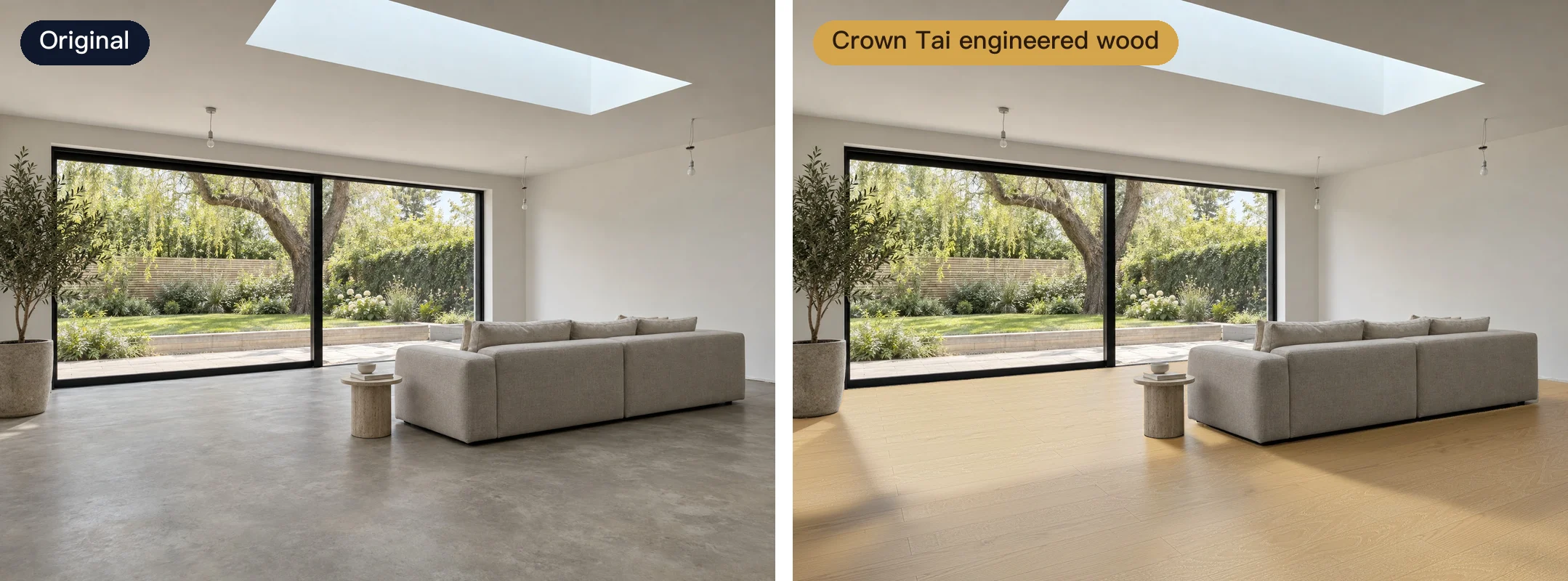 The same skylit living room: the original on the left, Crown Tai engineered wood flooring (Suzuka series) on the right